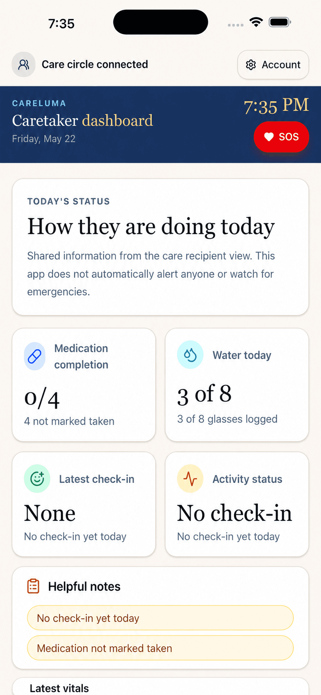 Caretaker dashboard showing today's status with morning, afternoon, and evening medicine summary, water 3 of 8 glasses, no check-in yet, and activity status