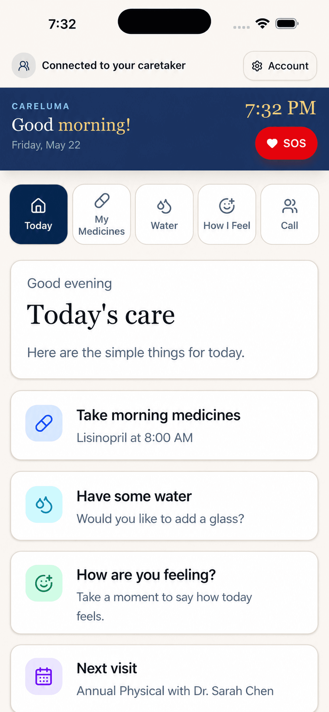 CareLuma Today screen showing Good morning header, morning care tasks including medicines, water, how you are feeling, and a next visit card
